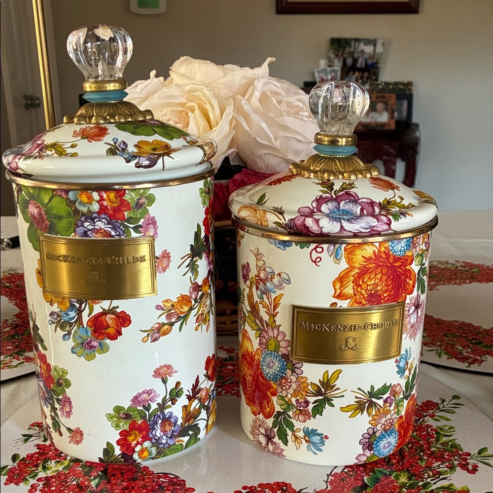 MacKenzie-Childs Vintage White Flower Market Canister Set of 2 w Blue Band